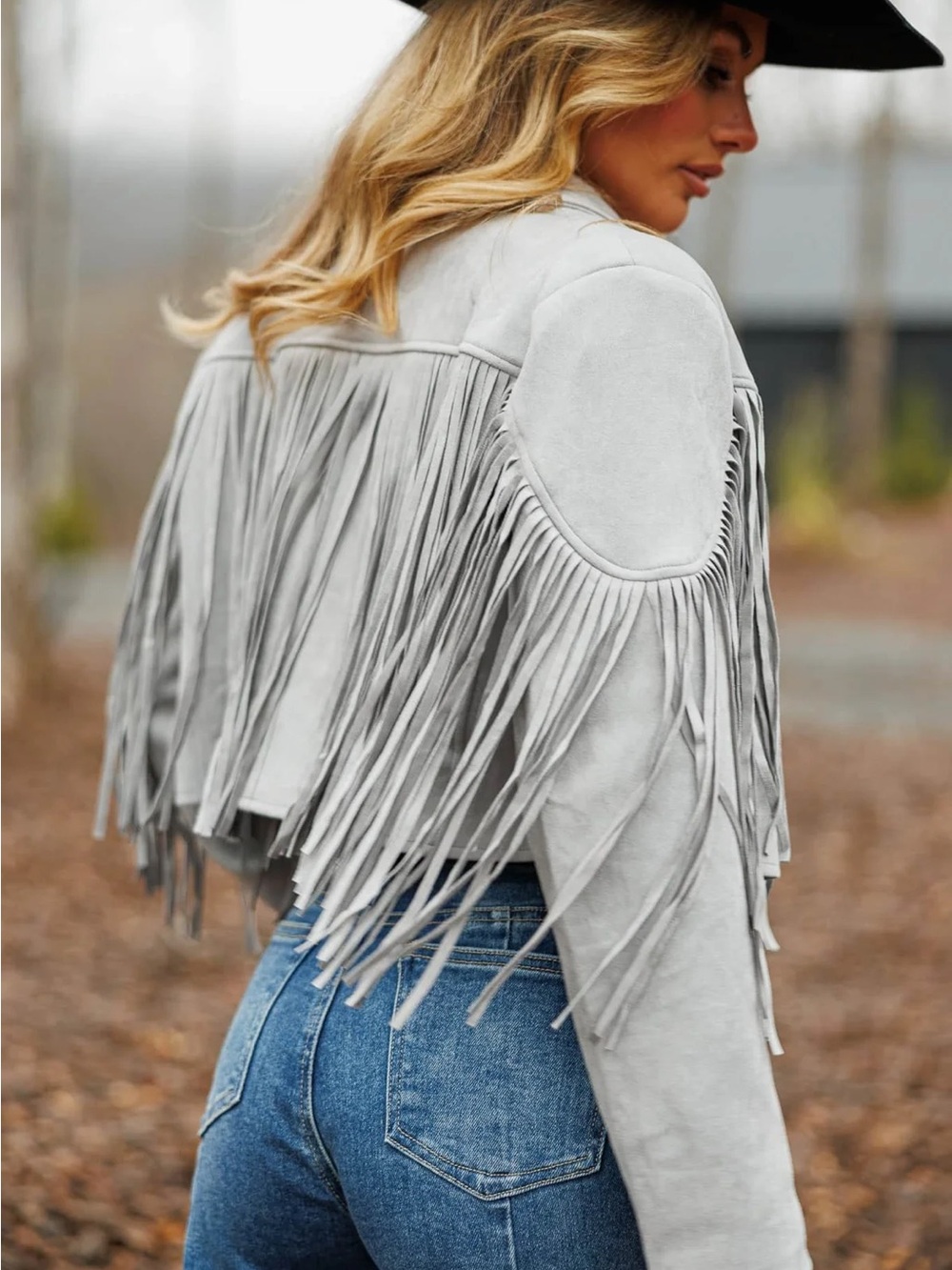 Women Fringe faux Suede Crop Jacket - Light Gray